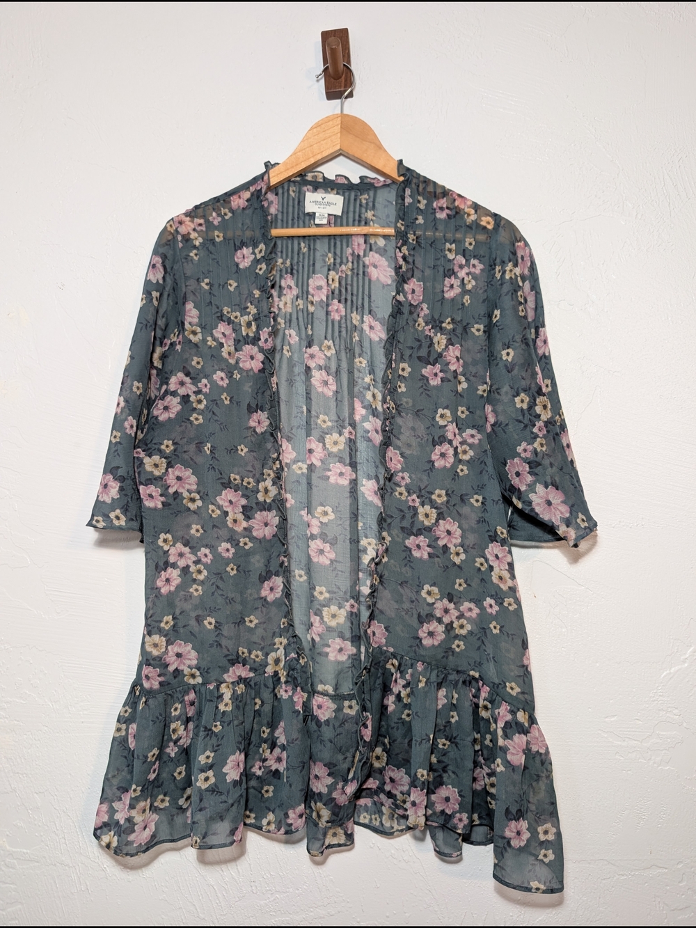 American Eagle Boho Teal Floral Sheer Ruffle Hem Kimono Cottage Indie Festival